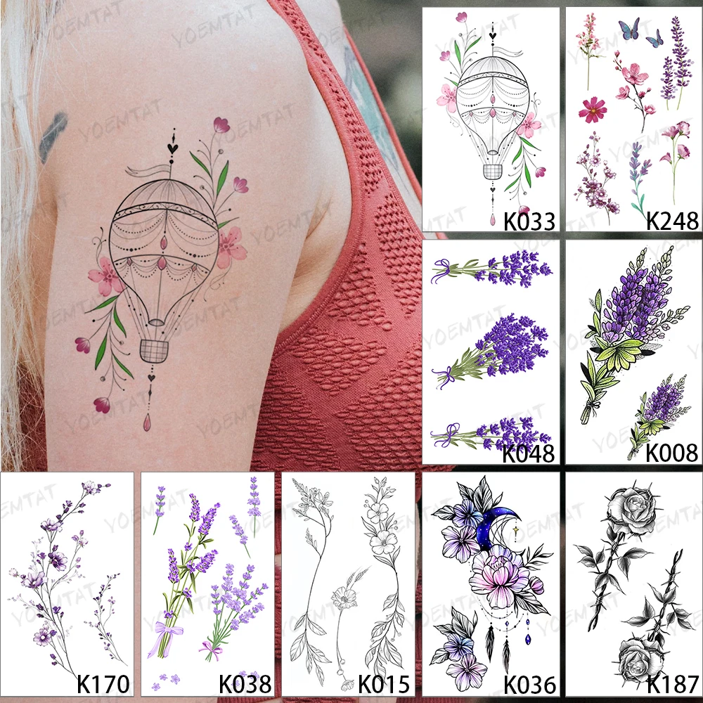

9pcs/Lot Waterproof Temporary Tattoo Sticker Woman Pink Purple Flower Jewelry Flash Tatto Lavender Rose Body Art Fake Tatoo Man