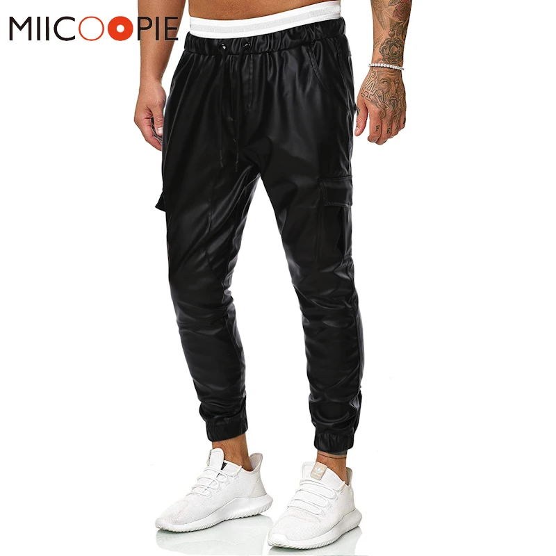 Мужские брюки-карго из искусственной кожи модные эластичные кожаные брюки с