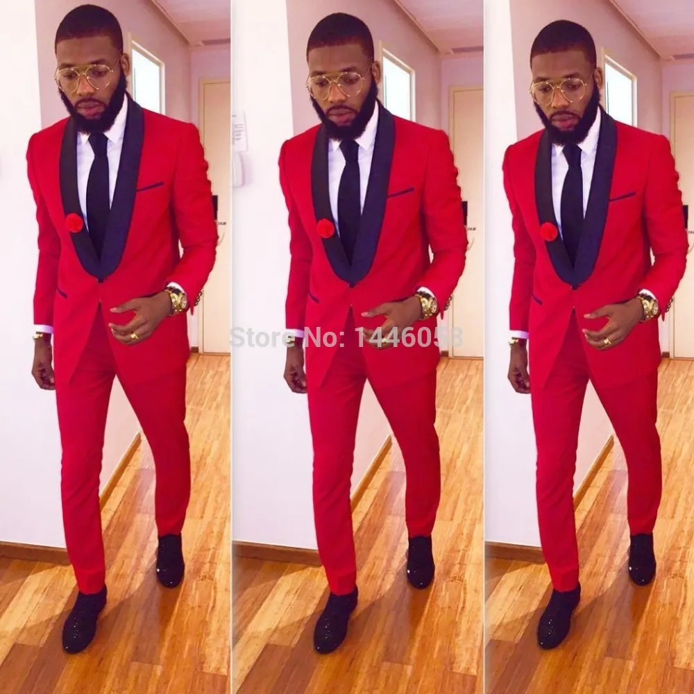 

Custom Made Slim Fit Black Lapel Red Groom Tuxedos Men's Wedding Prom Suits With Pants Bridegroom Groomsman Best Man Suits