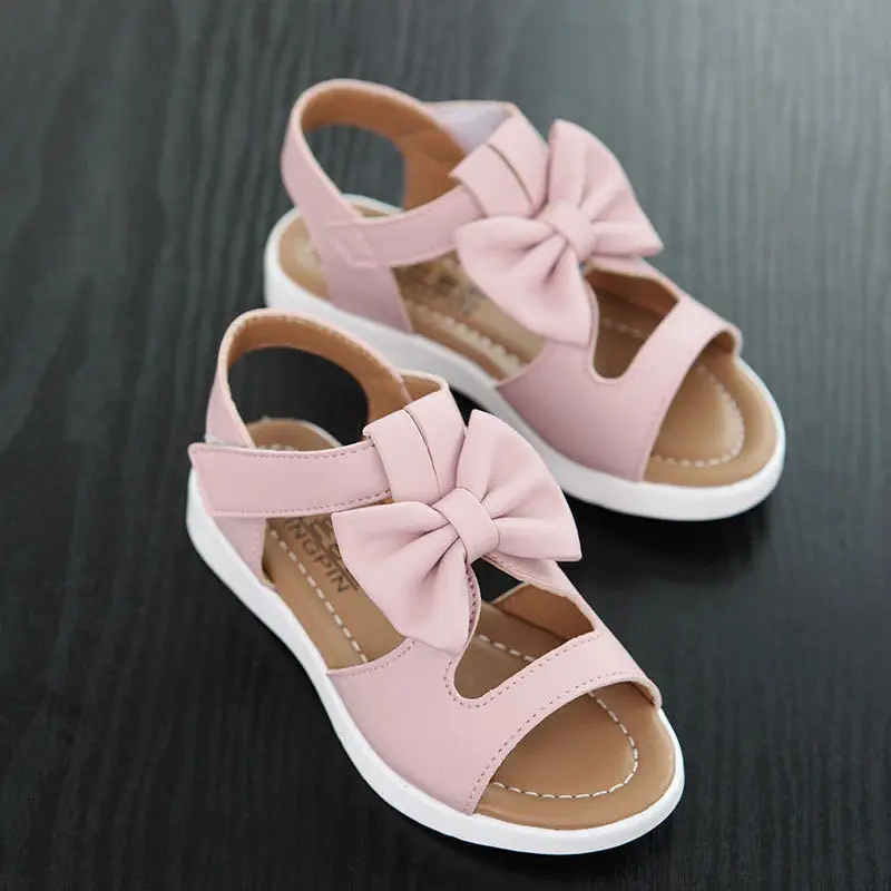 

Summer Girls Beach Sandals Genuine PU Leather Shoes Bowtie Fashion Girls Party Princess Shoes Kids Open Toe Toddlers Sandals