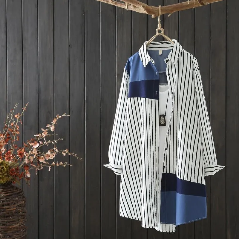 

Korean Fashion Loose Oversized Shirt Women 2021 Spring New Long Sleeve Polo Collar All-Matched Striped Blouse Femme Long Tops