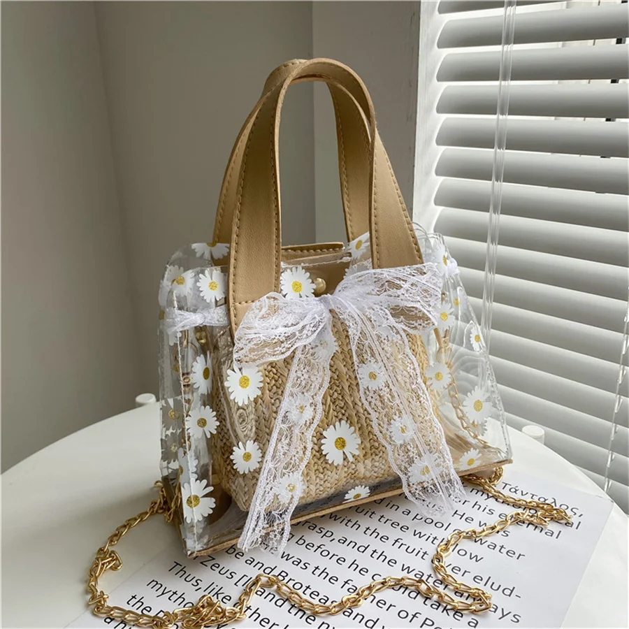 Прозрачная Плетеная соломенная сумка через плечо с цепочкой Женская квадратная