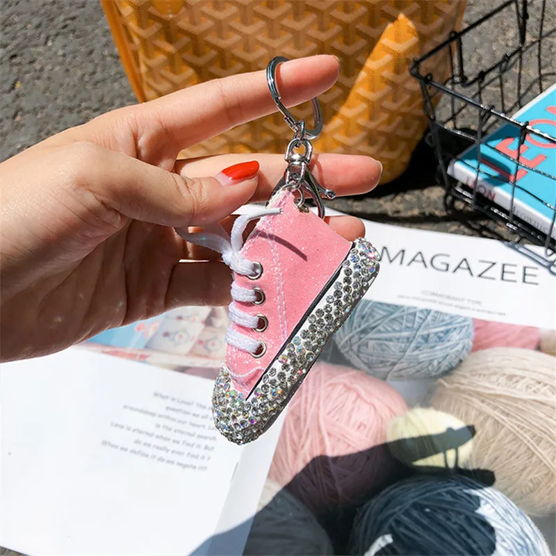 

New Creative Inset Diamond Flash Pink Canvas Shoes Key Chain Mini Color Key Ring Small Shoes Car Bag Hanging Wholesale Keychians