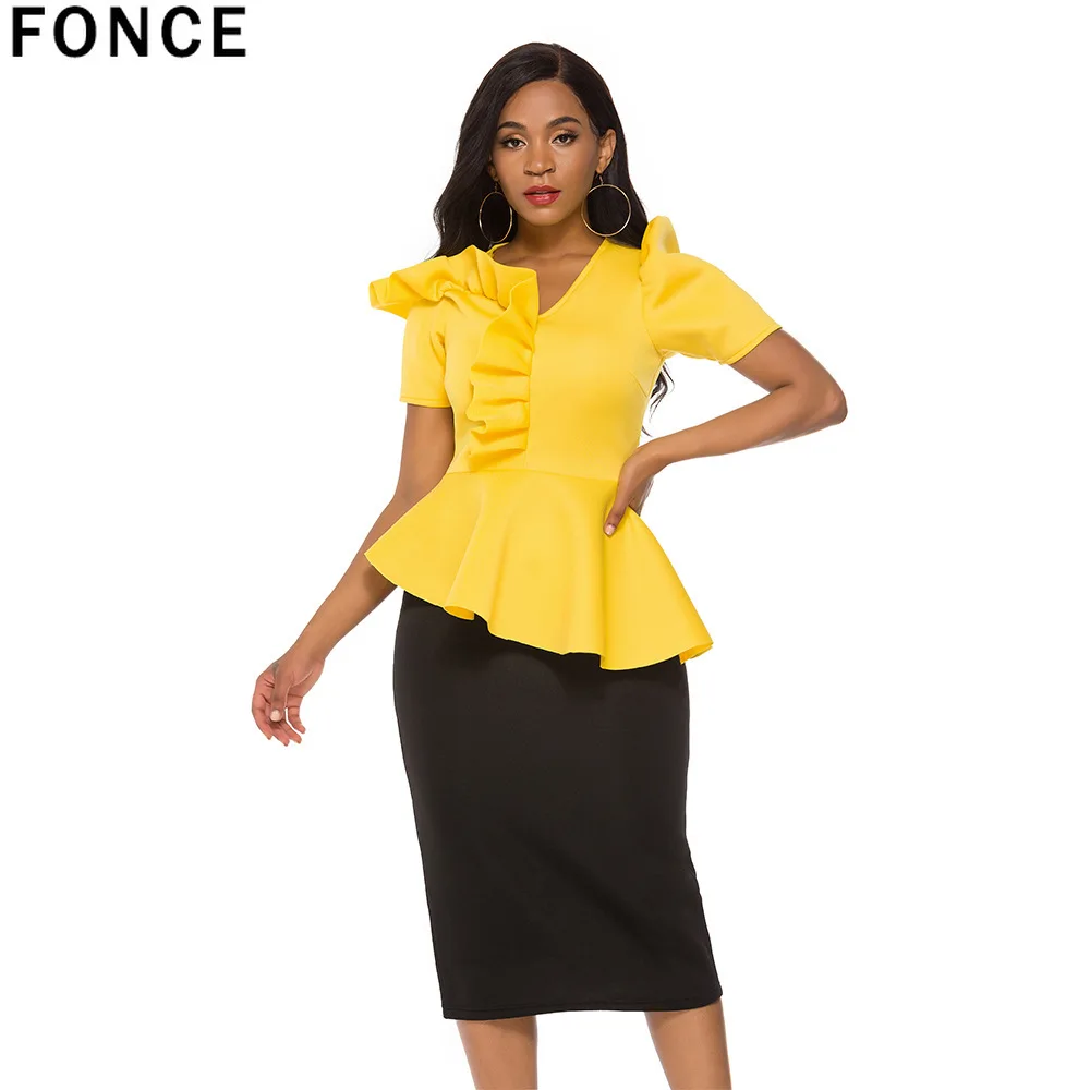 Женский комплект из 2 предметов желтая блузка с баской черная юбка-карандаш