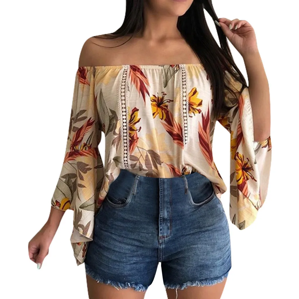 

Женская Повседневная рубашка в стиле бохо, летняя рубашка с цветочным принтом, с вырезом-лодочкой, сексуальная пляжная блуза, блузы с кружев...