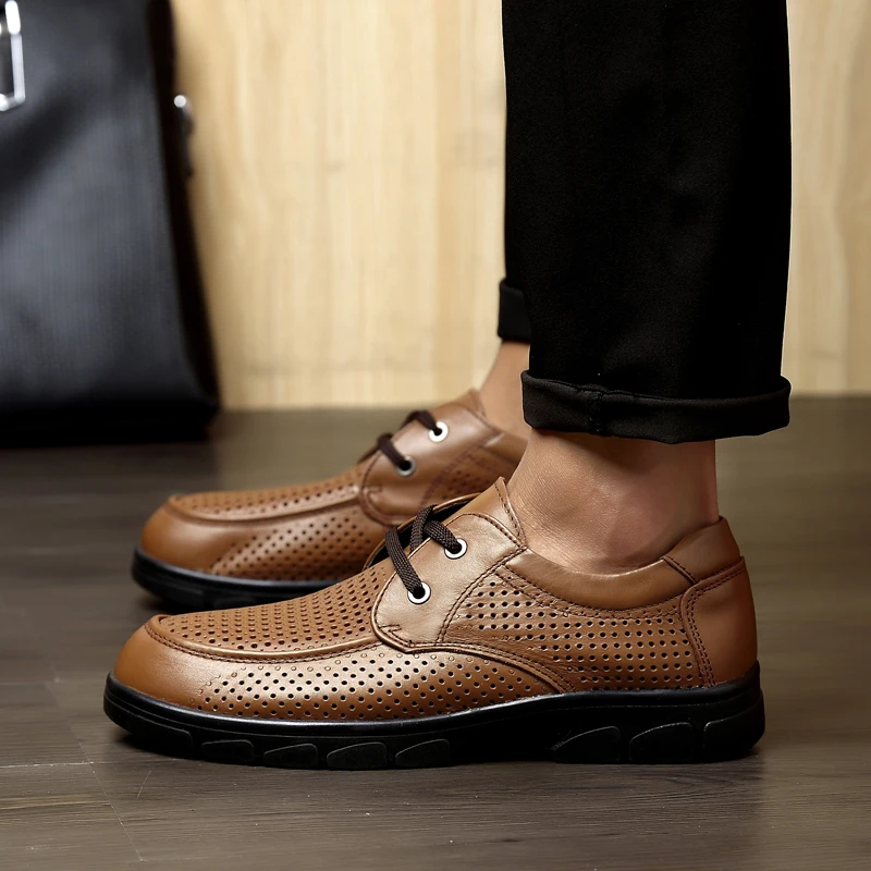 New 2021 Men Casual Shoes Genuine Leather Summer Breathable Holes Luxury Brand Business Flat for Dress Office Flats |