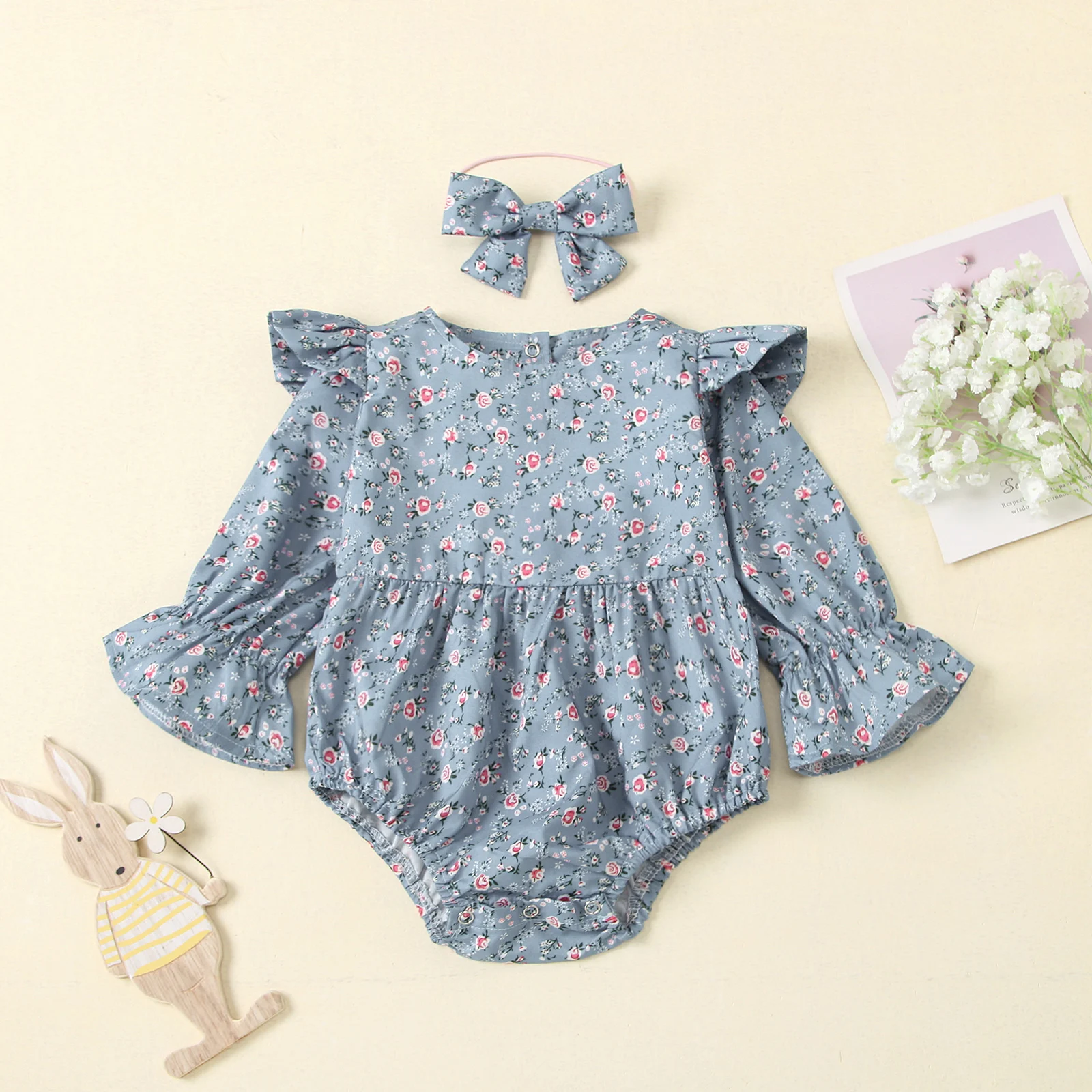

2Pcs Sweet Style Baby Girls Clothes Toddlers Summer Autumn Floral Printing Fly Long Sleeve Round Collar Romper + Bow Headwear