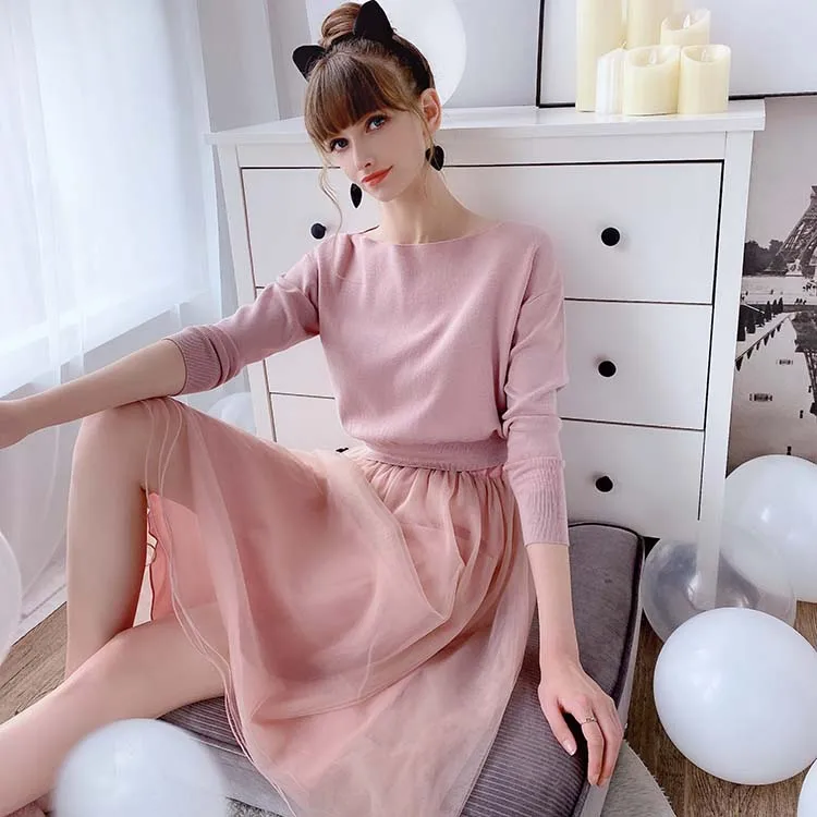 Dabuwawa розовый двухсекционный комплект платьев для женщин новая мода сетка сплошной Слэш шеи Сладкий оборками платье трапециевидной формы женское D18CSA015
