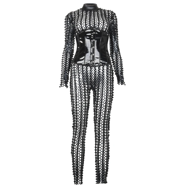 

Women's 2020 Bar Sexy Work Pants Black Suit Combination Sexy Piece Hollow Stretch Jumpsuit Integral Party Club Women's Wear New