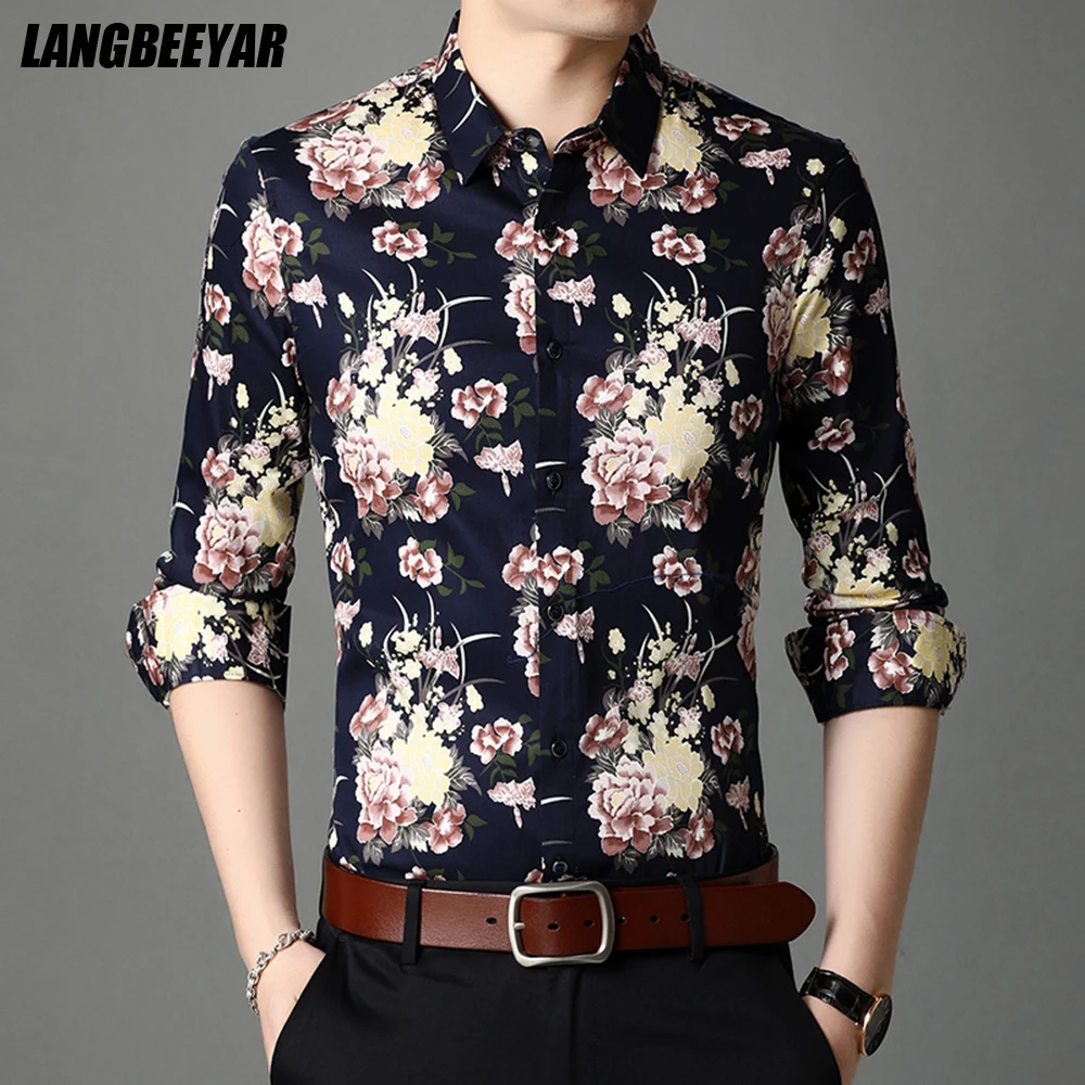 

Top Quality 97% Cotton New Fashion Brand Slim Fit Floral Designer Flower Shirt Men Long Sleeve Casual Korean Dress Clothes