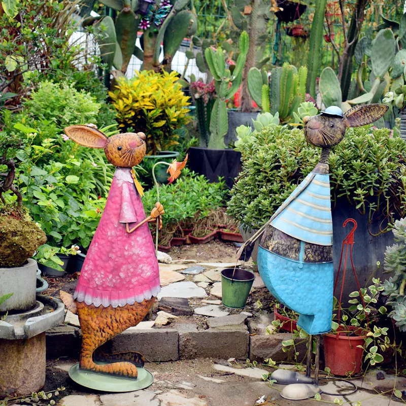 

American Country Wrought Iron Rabbit Couple Garden Garden Decoration Ornaments Retro Floor Gardening Decoration M2653