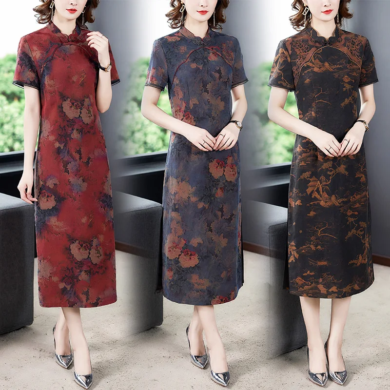 Женское платье-Ципао из искусственного шелка длинное платье в китайском стиле с