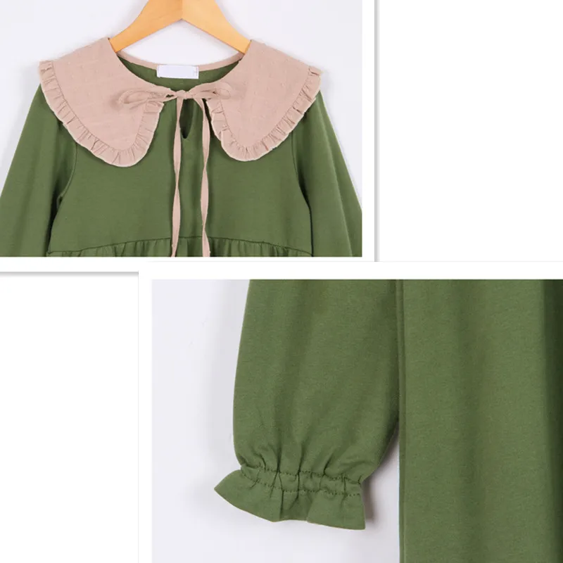 Повседневное хлопковое платье с длинными рукавами и отложным воротником для