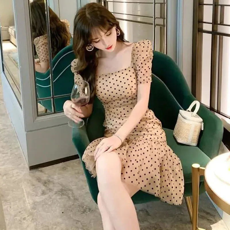 

Polka Dot Dress 2021 summer new style Small Fragrance Waist Show Thin Mesh Medium Length Temperament Yujiefeng Skirt