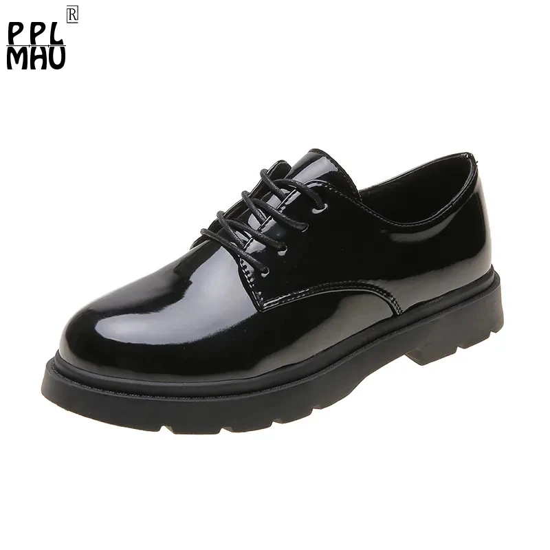 

New Fashion British Style Women's Boots Harajuku All-match Small Leather Shoes Black Lace-up Bright Leather Women's Single Shoes