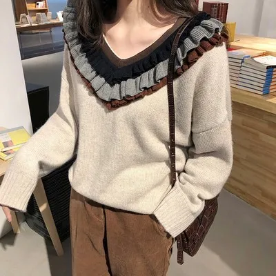 HF19178 Beige H. SA Зимняя мода женский v-образный вырез кардиган с воланами и джемпер оверсайз корейская мода зимняя одежда Рождественский свитер Халат - Цвет: HF19178 Beige