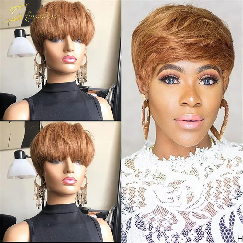 

Honey Blonde Color Red 99j Burgundy Short Wigs Human Hair Pixie Cut Bob Machine Made Wigs With Bang For Women Brazilian Natural