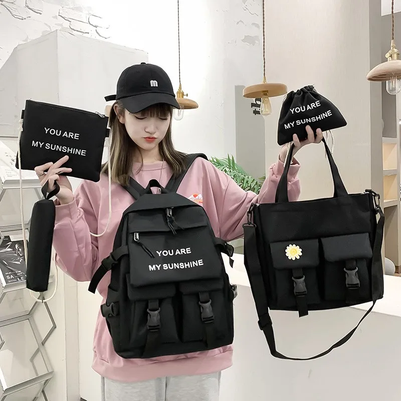 

5Piece Women Backpack Canvas Travel Back pack Student notebook Bookbags Schoolbag Set Kawaii Schoolbags for Teenage Girls