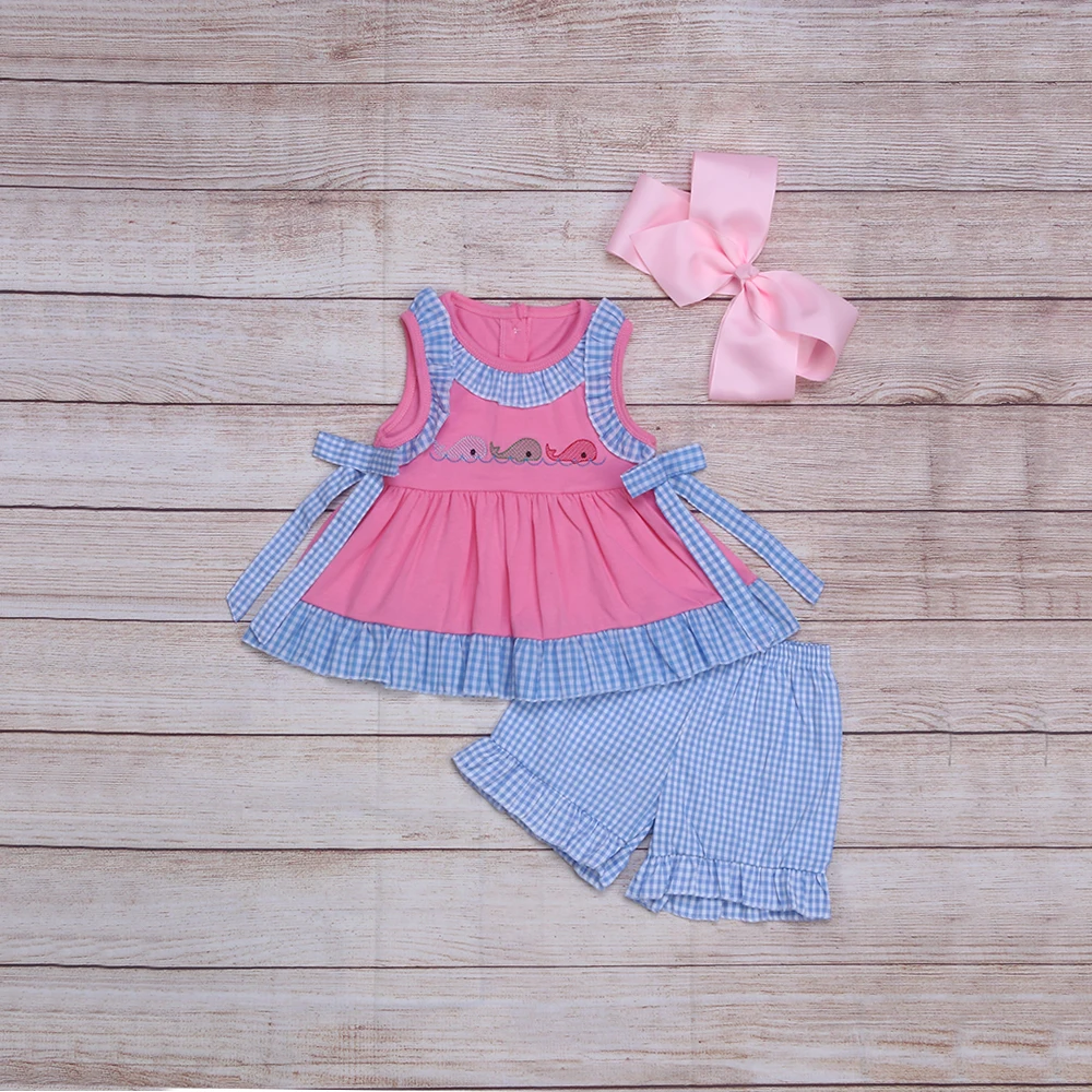 

Summer Girls Clothes Blue Plaid Bow Plum Red Sleeveless Top And Blue Plaid Shorts Three Whales Embroidery Toddler Girl Outfits