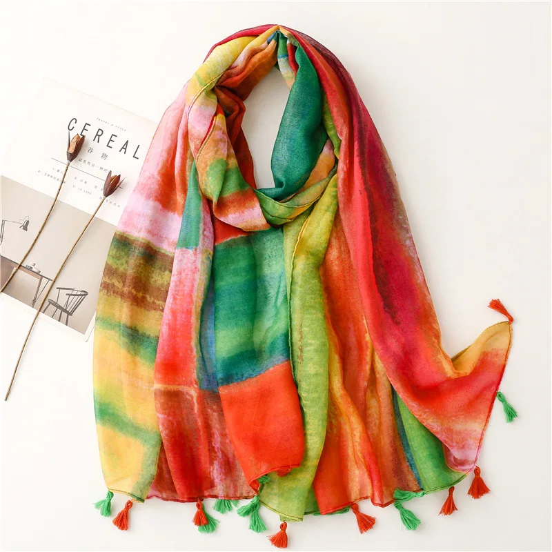 

Visrover Geometric Print Scarves Tie Dye Shawl Big Shawl Rainbow Bright Print Scarf Hijab Women Scarfs With Tassel Wholesales