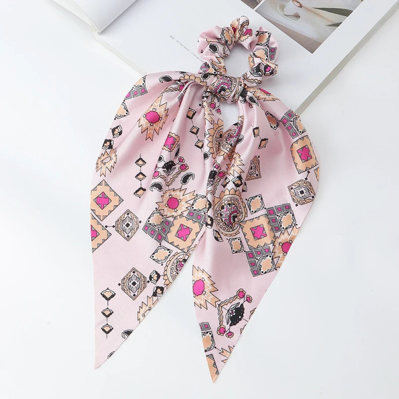 

Fashion Floral Printed Bow Satin Long Ribbon Ponytail Scarf Hair Tie Scrunchies Women Girls Elastic Hair Bands Hair Accessories