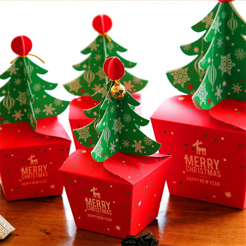 

50pcs/lot Hot Sale Christmas Tree Packing Box Favor Bag Gift Cookie Candy Box Apple Boxes with Bells Party Decoration Child Gift