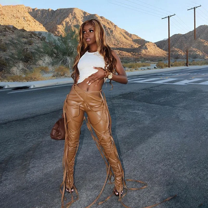 

Autumn Gothic Vintage Pu Leather Pencil Pants Women Fashion Tassel Bottoms Streetwear High Waist Skinny Female Trousers