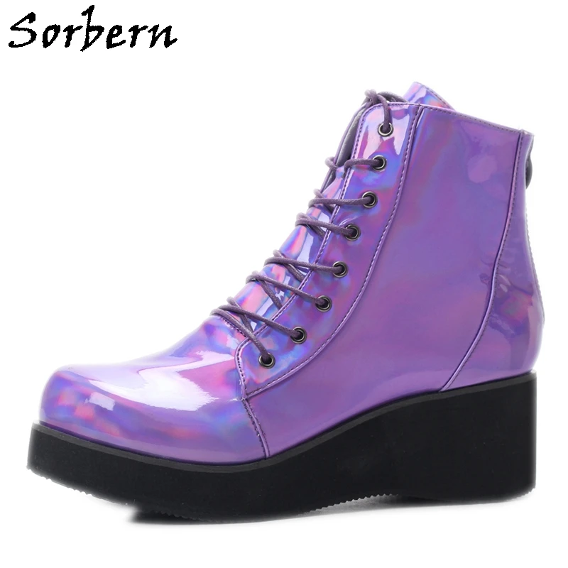 

Sorbern Holo Ankle Boots Wedges Platform Shoes Lace Up Big Round Toe Lace Up Comfortable Ladies Booties Runway Shoes For Women