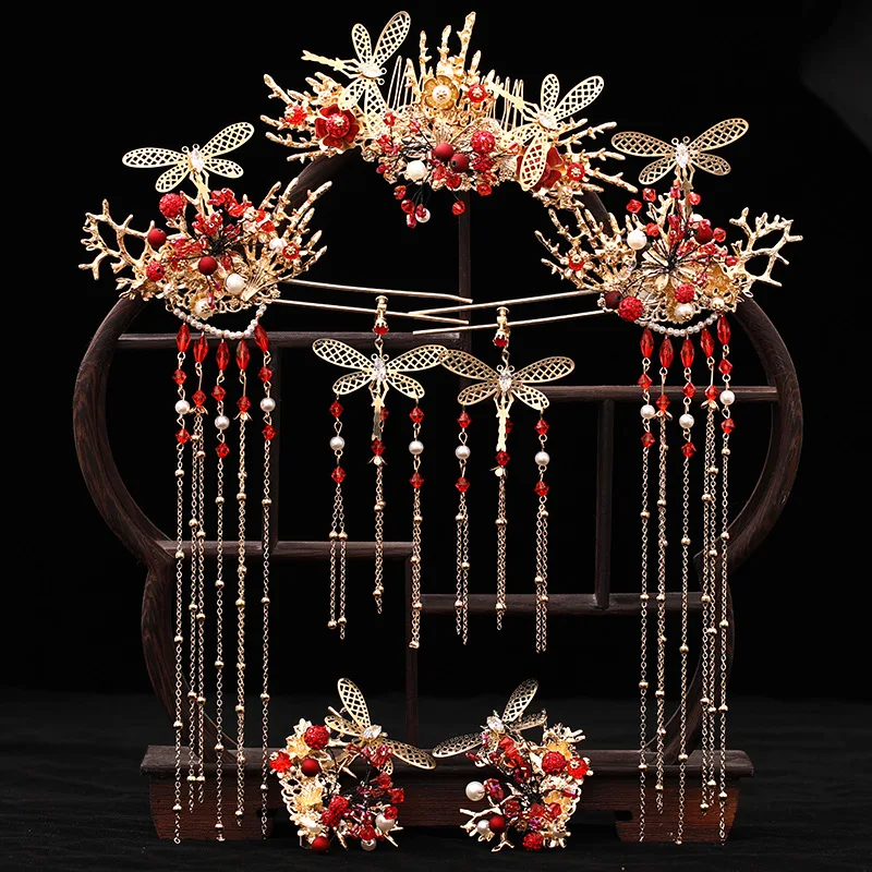 

Red Chinese Classical Bridal Wedding Jewelry Sets Long Chains Hanfu Tiara Crown Hair Accessories Phoenix Hairpin Combs Earrings