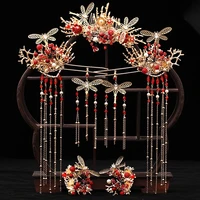 xiuhe tiara chinese classical red long tassel phoenix hair clip comb earrings jewelry sets bride wedding clothing accessories