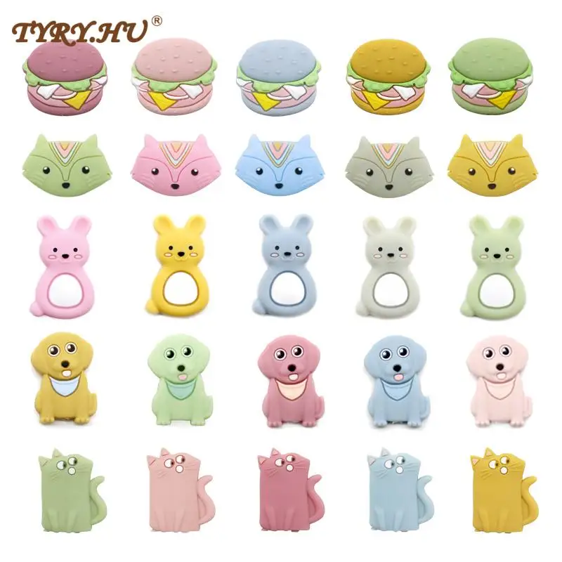 

TYRY.HU 20pcs Mini Silicone Beads Hamburger/Fox/Rabbit/Puppy/Cat Teething BPA Free DIY Infant Nursing Pacifier Chain Food Grade