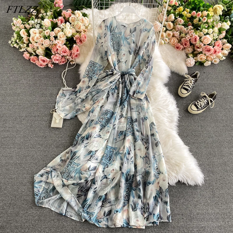 

FTLZZ Summer New Arrival Women Retro O-neck Floral Print Dresses Ladies Vintage High Waist Slim Chiffon Plus Size Long Dress