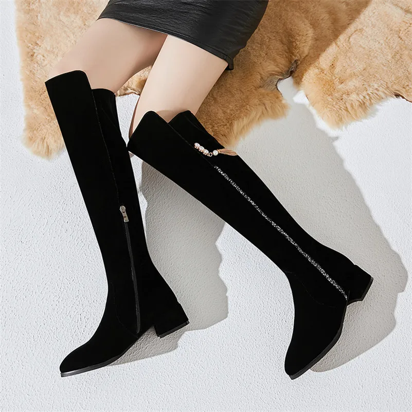 

Meotina Autumn Over The Knee Boots Women Fringe Thick Heel Long Boots Fashion Zipper Round Toe Shoes Lady Winter Plus Size 33-43