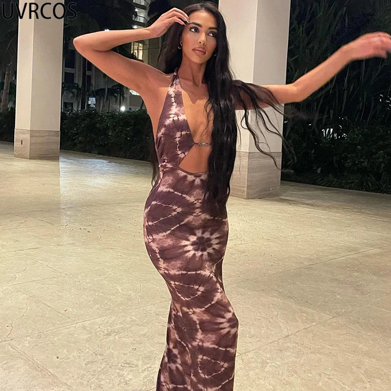 

UVRCOS Dresses For Women 2021 Summer Fashion Casual Tie Dye Printed Skinny Halter Back Bandage Backless Trumpet / Mermaid Dress