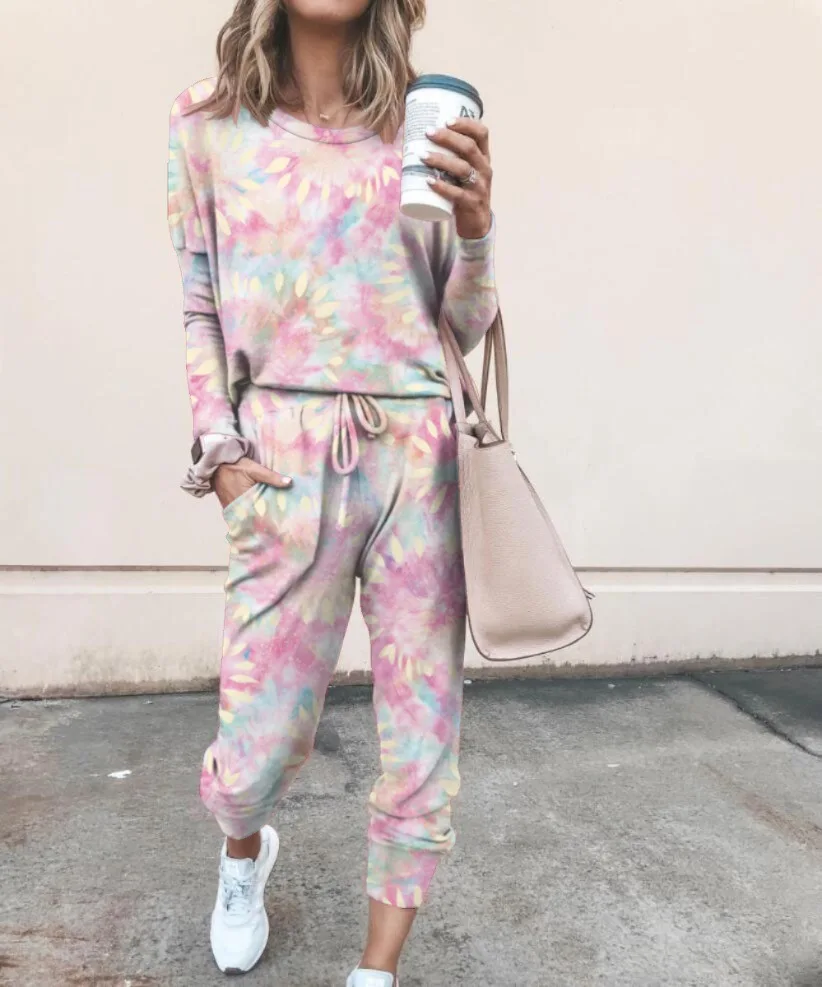 

Women Suits Tie Dye Jogger Suit Long Sleeve Round Neck Pants Sleepwear Loungewear Women