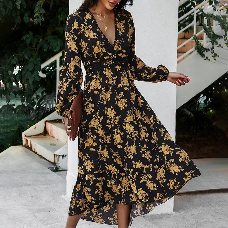 

2021 Fashion V Neck Sexy Print Dress Women Casual Full Sleeve High Waist Long Floral Spring Summer Dresses For Women New Fashion