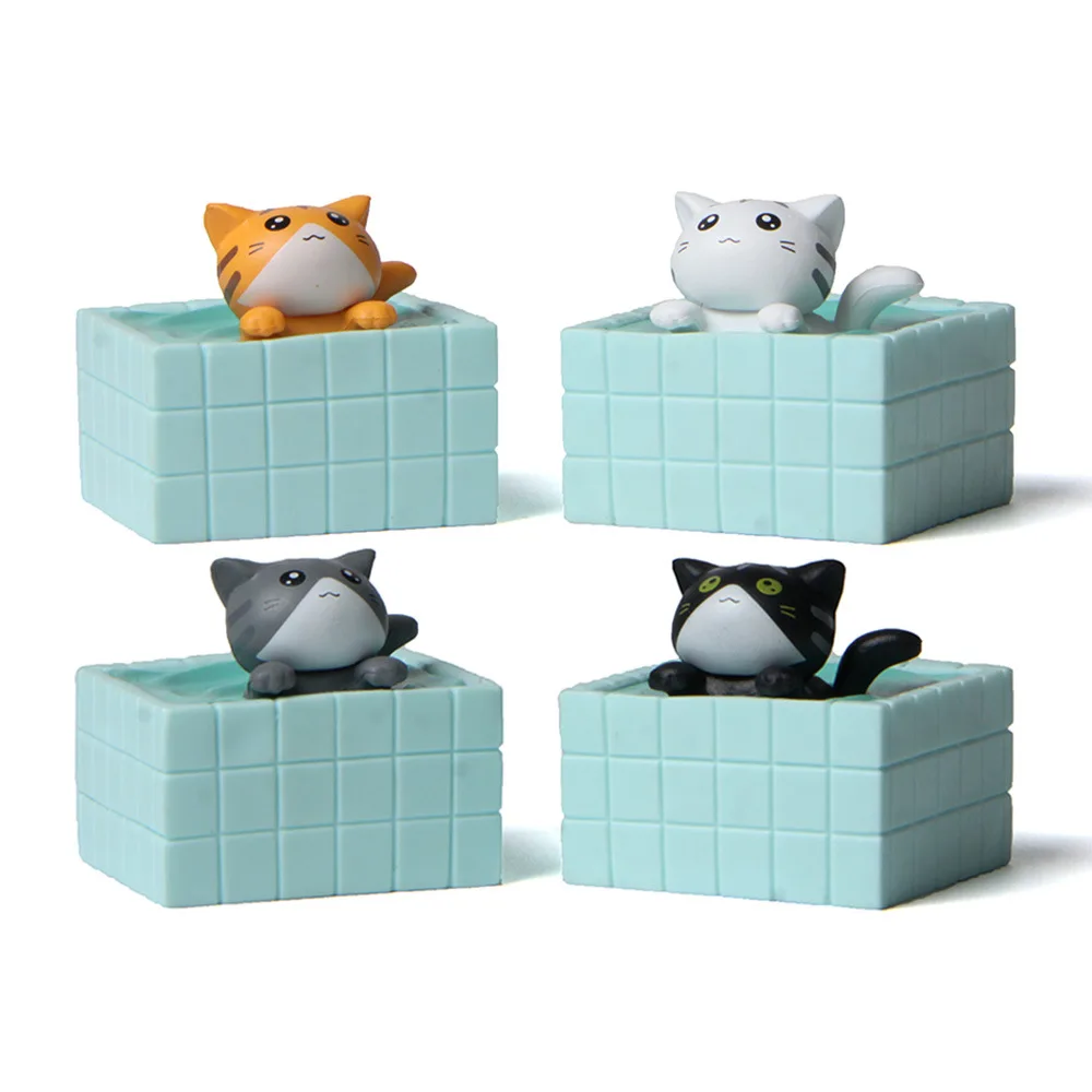 

4 Pcs/set Lovely Mini Animal Cat Bathing In Blue Bathtub PVC Ornament Garden Miniature Figurines Children Room Home Decor Toys