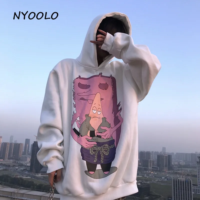 NYOOLO Harajuku street childlike мультфильм печати плюс бархат теплые толстовки Осень Зима Свободный пуловер толстовка с капюшоном для женщин мужчин - Цвет: Белый