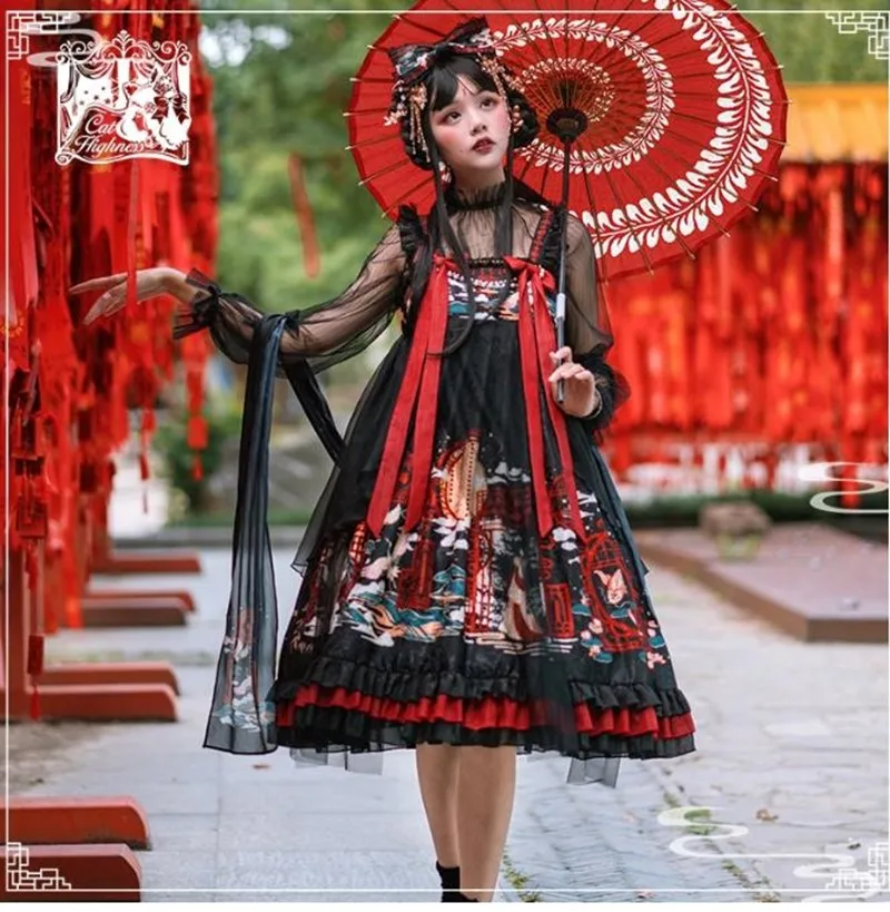 Готическое платье в китайском стиле милое лолиты ретро с бантом высокой талией