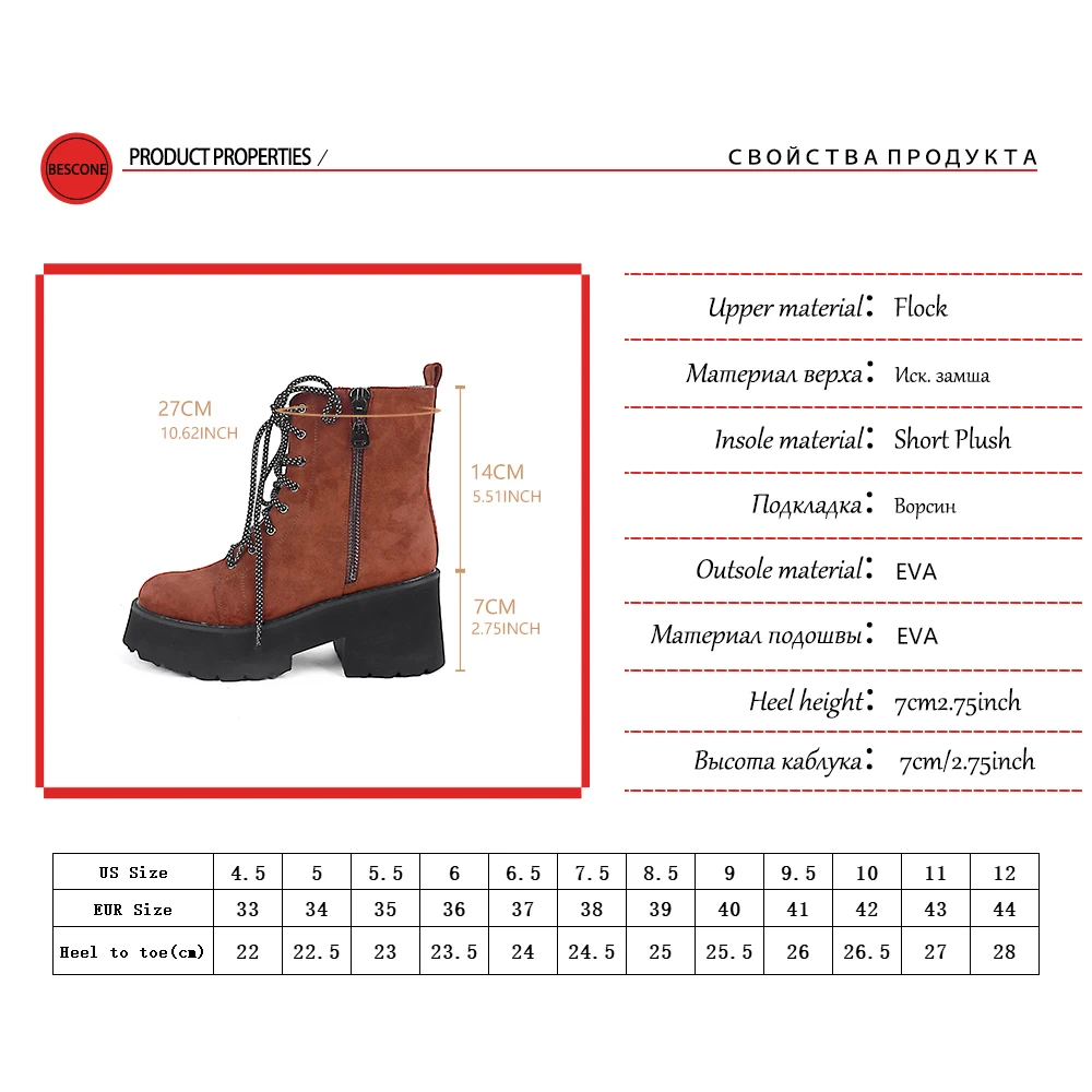 

BESCONE Women's Shoes Winter High Platform Lace-Up Zipper Ladies Ankle Boots Brown Round Toe Chunky Square Heel Boots Women C827