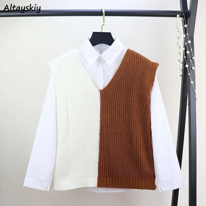 

Sweater Vest Women Couples Fashion Patchwork Harajuku Simple Baggy Knitted Sleeveless Casual All-match Teen Girls Elegant Office