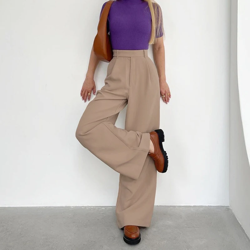 

Office Lady High Waist Trouser Autumn Baggy Stylish Pantalon Mujer Khaki Zipper Wild Wide Leg Pants Mopping Korean Style