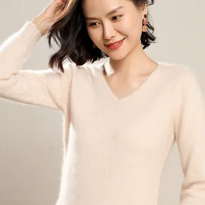 Зимние женские свитера 2020 с v-образным вырезом, 100% пуловер из норки и кашемира, женские мягкие теплые одноцветные свитера, Женский вязаный базовый свитер