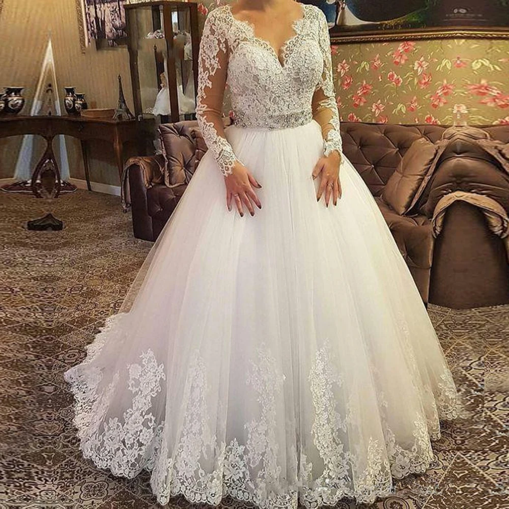 

YIWUMENSA Robe De Mariee 2020 Кружевная аппликация Свадебные платья с вышивкой бисером бальное платье с длинным рукавом V-образным вырезом платье для не...