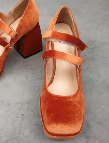 

French Retro Thick Bottom Mary Jane Woman Shoes Black White Leather 8 cm Chunky Heels Square Toe Shallow Platform Pumps Big Size