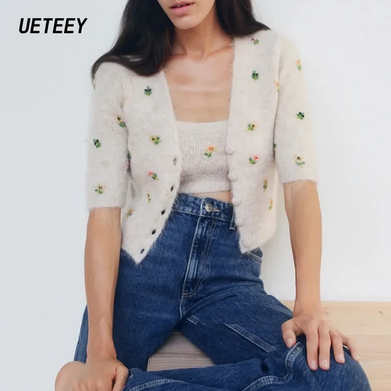 

za Women's Cardigan Sweaters Mujer Two Piece Jumpers Pull Femme Hiver Cropped Sweaters Embroidery Knitted Jackets Floral Coats