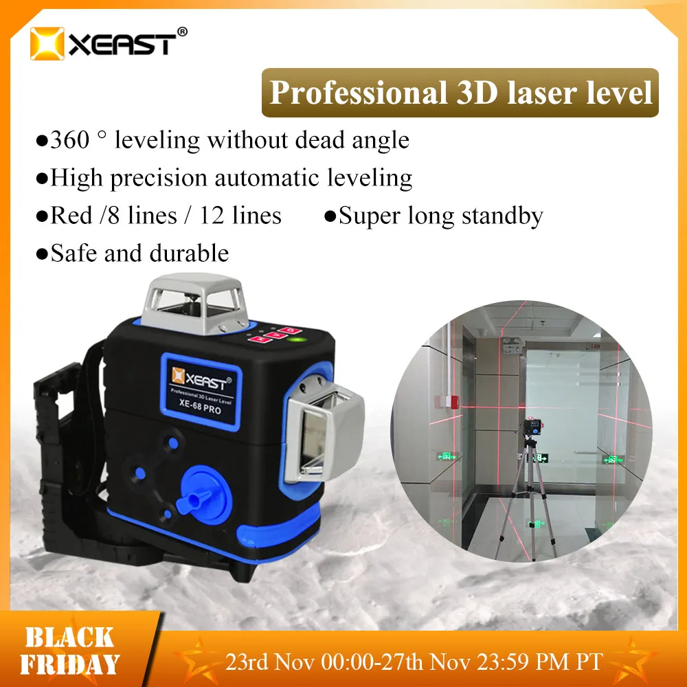 

XEAST 8 lines laser level Self-leveling 3D Laser Level Red Beam 360-Degree Coverage Horizontal & Vertical Laser with Pulse Mode