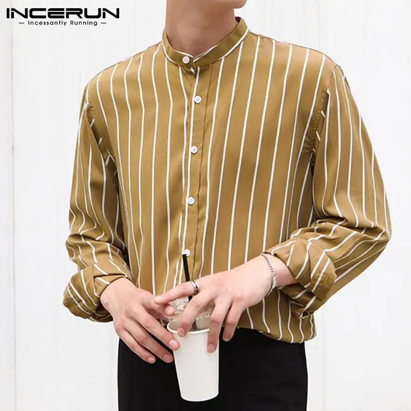 

Fashion Men Striped Shirt Stand Collar 2021 Long Sleeve Casual Korean Tops Camisas Streetwear Button Leisure Shirts Men INCERUN