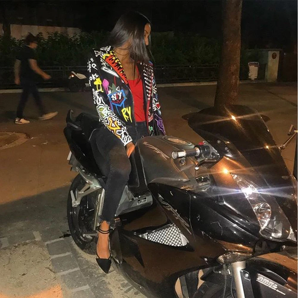 Женская кожаная куртка LORDLDS байкерские куртки и пальто с красочным принтом в