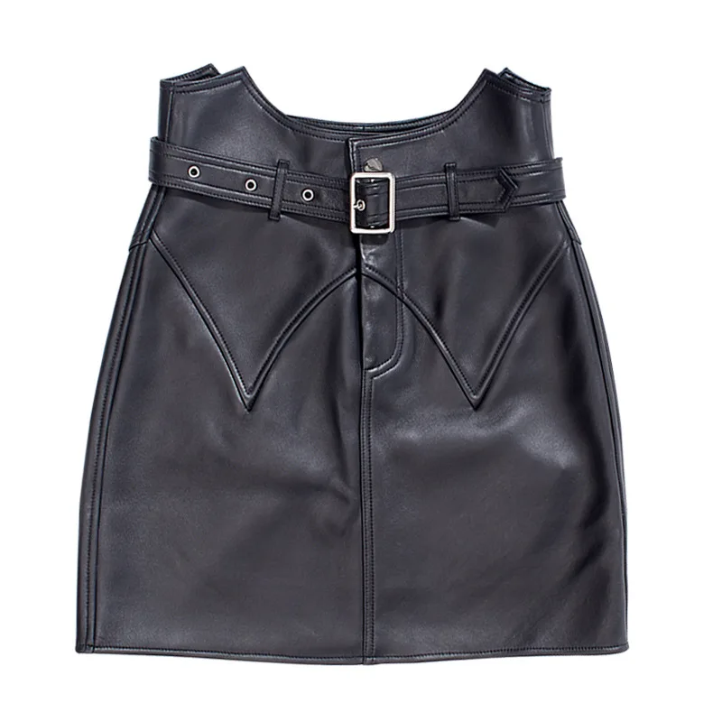 

Women's High Waist Lace Up Slim and Buttock Wrapped A-line Leather Black Short Skirt New Style Street Sheepskin Leather Skirt